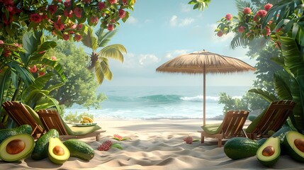 ummer beach background made with avocado fruit sun umbrella and sunbed 3d rendering