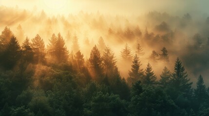 A mesmerizing sunrise over a dense forest, with golden rays breaking through the mist and creating an ethereal landscape.