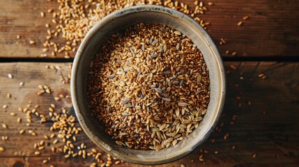 Large group of wholegrain food shot on rustic wooden table
