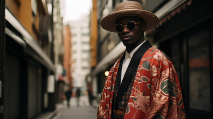Fototapeta premium Fashion Model in Tokyo Street Wearing Nigerian Agbada