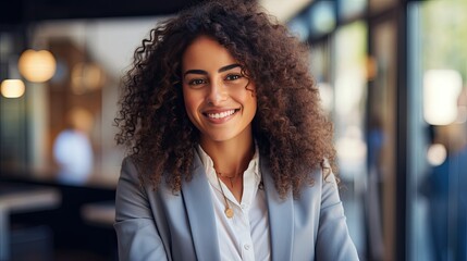 Obraz premium a young and vibrant businesswoman with a warm smile, exuding positivity and energy