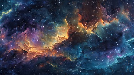Fototapeta premium Dynamic oil painting of space scenery, as seen from spaceship window, featuring luminous nebulae, twinkling stars, and distant cosmic structures
