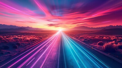 Empty highway adorned with neon light trails, leading to a breathtaking pink purple sunrise, set against a rainbow neon abstract background