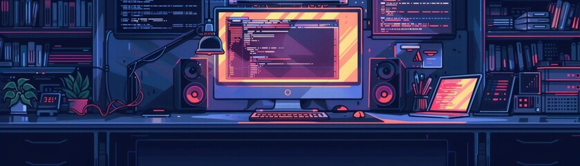 Obraz premium A modern gaming setup with a desktop computer, speakers, and laptop on a desk, illuminated by colorful lighting in a cozy room with bookshelves.