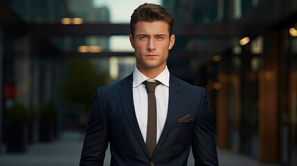 Fototapeta premium a young, confident businessman in a sharp suit, standing tall with a determined look on his face