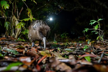 A kiwi bird foraging at night on a forest floor.