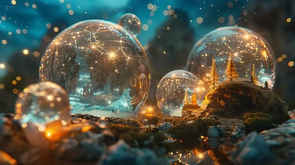 Glowing cosmic orbs in a starry void, each containing a miniature world with intricate fantasy and sci-fi scenery