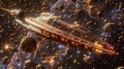 High-tech starship cruising amidst a field of asteroids, with a dark, star-filled backdrop, illustrating the concept of space exploration and cutting-edge alien spacecraft