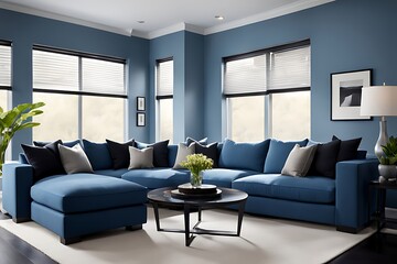  Living room in deep dark colors accent. Trendy blue interior in a minimalist modern style with navy furniture. Empty painted wall for art. Mockup design home lounge or hall office reception.3d render
