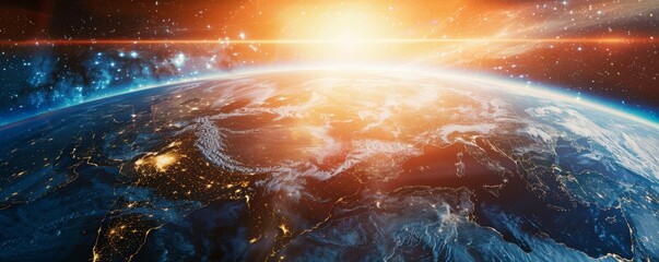 Fototapeta premium Stunning view of Earth from space, showcasing a vibrant sunrise over the horizon with glowing city lights and vivid atmospheric details.