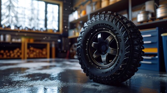 Highway terrain tire showcased in a pristine garage, resting on a clean tire storage shelf, emphasizing its rugged durability and ready-to-use condition