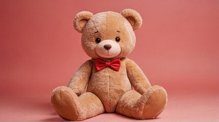 Obraz premium Cute Teddy Bear with Red Bowtie on Pink Background