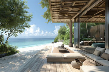Obraz premium Exquisite beachfront villa harmonizing with nature's beauty in the idyllic Maldives, blending luxury with serenity.