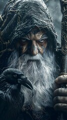Mighty Odin,the Allfather of Nordic Mythology,Commanding Presence with Weathered Face,Flowing White Beard,and Raven Companions in Dramatic Lighting