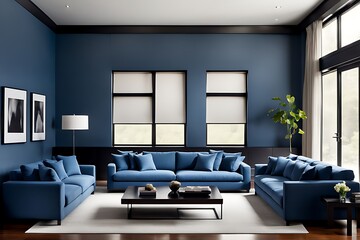  Living room in deep dark colors accent. Trendy blue interior in a minimalist modern style with navy furniture. Empty painted wall for art. Mockup design home lounge or hall office reception.3d render