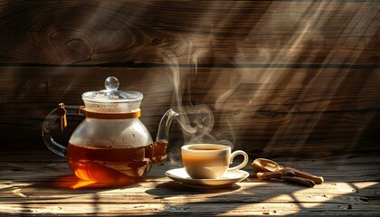 Hot Steam Tea in Tea pot and Cup