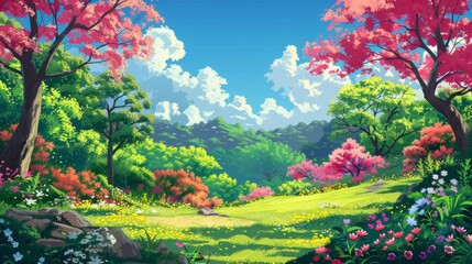 Peaceful scene of a lush green field with a few spreading branches and a few colorful blooms