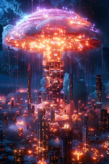 Fototapeta premium Neon-Infused Technographic Mushroom Cloud Erupting from Intricate Circuit Board Construct in Retro-Futuristic Industrial Landscape