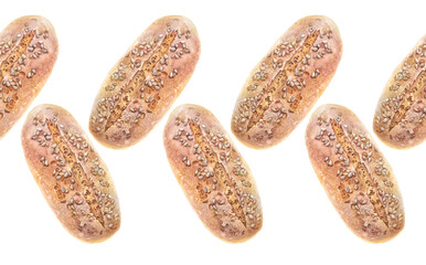 Seamless rim with watercolor loaf of fresh crispy homemade bread on white background. Whole grain bun for healthy breakfast. Hand-drawn border with food for cookbook or kitchen. Wallpaper or wrapping