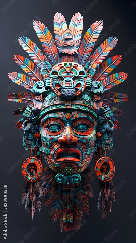 Wall mural Ornate Mayan Ceremonial Mask with Intricate Feathered Headdress and Geometric Design in Rich Saturated Colors