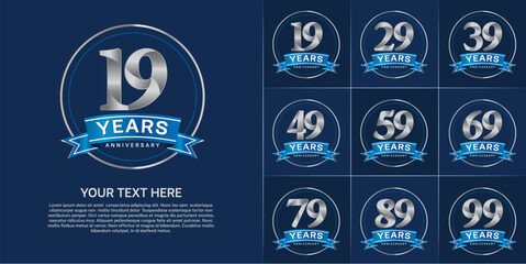 anniversary logotype set vector, silver color with circle and blue ribbon for special day celebration