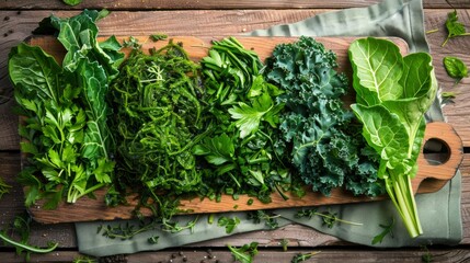 Various green vegetables and seaweed placed on wooden cutting boards