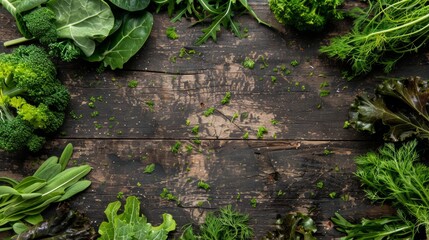 Green leave veggie and seaweed copy space center dark background.