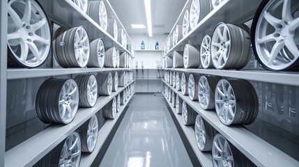 Obraz premium Modern design white alloy wheels neatly arranged on sleek alloy wheels storage shelving, ready to use, clean and organized, in a contemporary garage setting