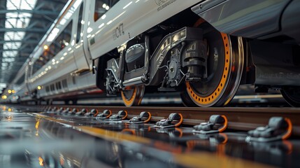 Modern high-speed train wheels and track close-up, showcasing advanced engineering, sleek design, and clean lines