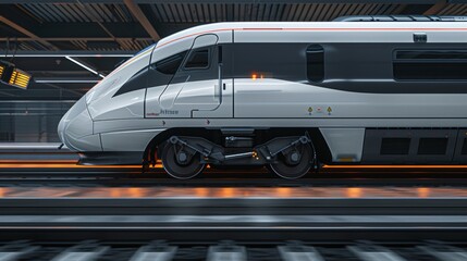 Fototapeta premium Modern high-speed train wheels and track close-up, showcasing advanced engineering, sleek design, and clean lines