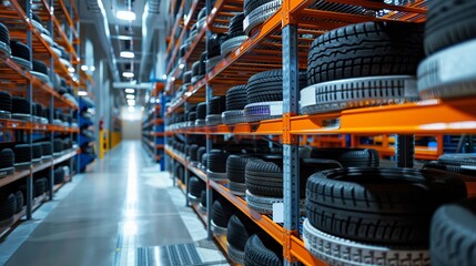 Obraz premium Modern tire shop interior with rows of clean and useful highway terrain tires on display, each tire on an industrial storage shelf, ready for customers