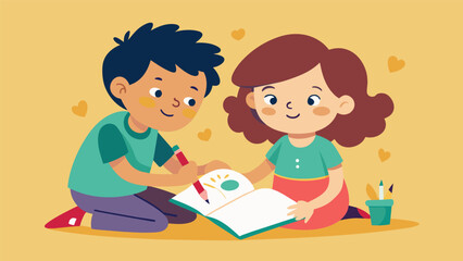 Two siblings create a collaborative art diary using their drawings and words to strengthen their bond and express their love for each other.. Vector illustration