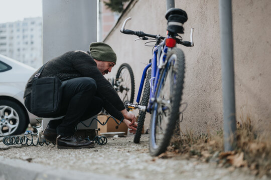 A focused man locks his blue mountain bike with a spiral cable lock next to his car in a city environment, showcasing security and city lifestyle.