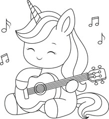 Cute kawaii unicorn is playing guitar coloring page for kids. Animal outline doodle colouring page isolated on white background. Wild animal coloring book for kids