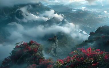 Fototapeta premium Hauntingly Beautiful Landscapes Majestic Mountains Enveloped in Ethereal Fog and Abundant Flora