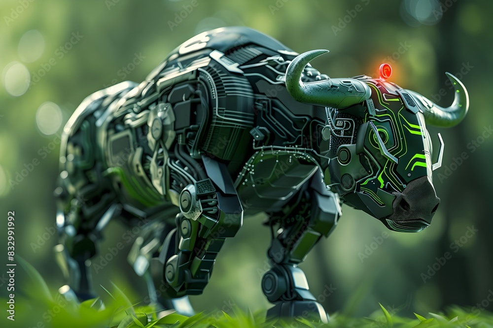 Poster robotic animal with danger siren on financial global blurred background in 3d cinematic photographic