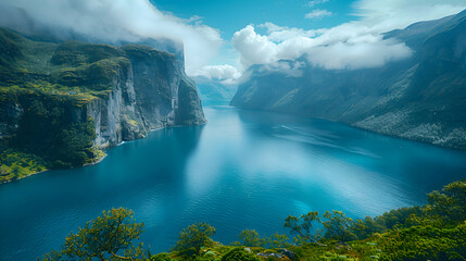 A stunning nature fjord with steep cliffs rising from the calm water, the sky clear and blue above