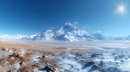 A stunning nature mountain range with snow-capped peaks and a clear blue sky, the sunlight casting long shadows