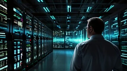 a Chief Technology Officer stands confidently in the center of a vast data warehouse, laptop in hand, as lines of code stream across the screen. 4k video - Powered by Adobe
