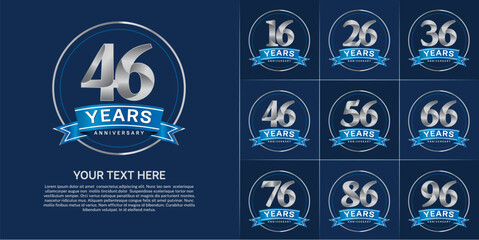 anniversary logotype set vector, silver color with circle and blue ribbon for special day celebration