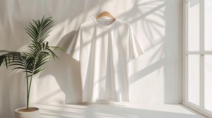 Minimalist white T-shirt hanging on wall hook in bright room with natural light and shadows from a plant, evoking simplicity and calmness.