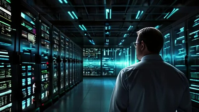 a Chief Technology Officer stands confidently in the center of a vast data warehouse, laptop in hand, as lines of code stream across the screen. 4k video