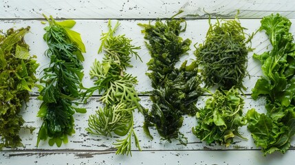 Fototapeta premium Green fresh seaweed topview on white table