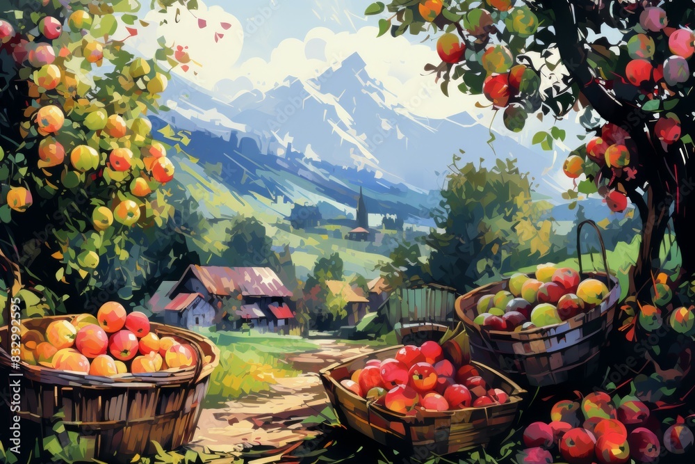 Wall mural Apple orchards - Generative AI