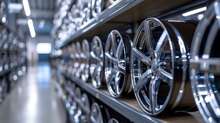Fototapeta premium Polished aluminum alloy wheels stored on minimalist shelving, ready to use, showcasing a modern design and clean, practical layout