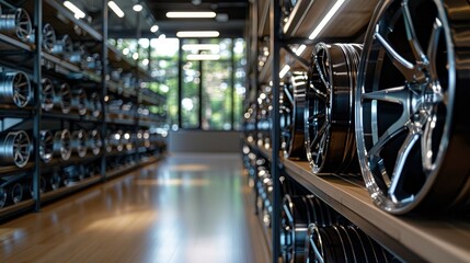 Fototapeta premium Polished aluminum alloy wheels stored on minimalist shelving, ready to use, showcasing a modern design and clean, practical layout
