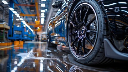 Fototapeta premium Professional in an industrial garage painting an aluminum alloy wheel black using an aerograph, highlighting the precision and technique involved
