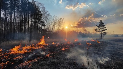 Fire in the Forest with Smoke and Flames Near Fields Under a Blue Sky