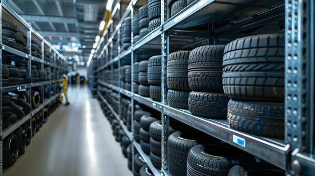 Pristine slick tires neatly arranged on industrial shelving, showcasing their readiness for performance racing in a clean, professional setting
