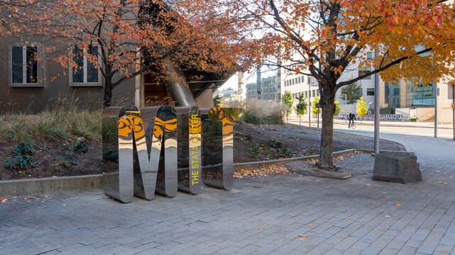 Metal MIT (Massachusetts Institute of Technology) sign in front of Stata Center on the campus in Cambridge, MA, USA, on November 11, 2023. MIT is a private land-grant research university. 